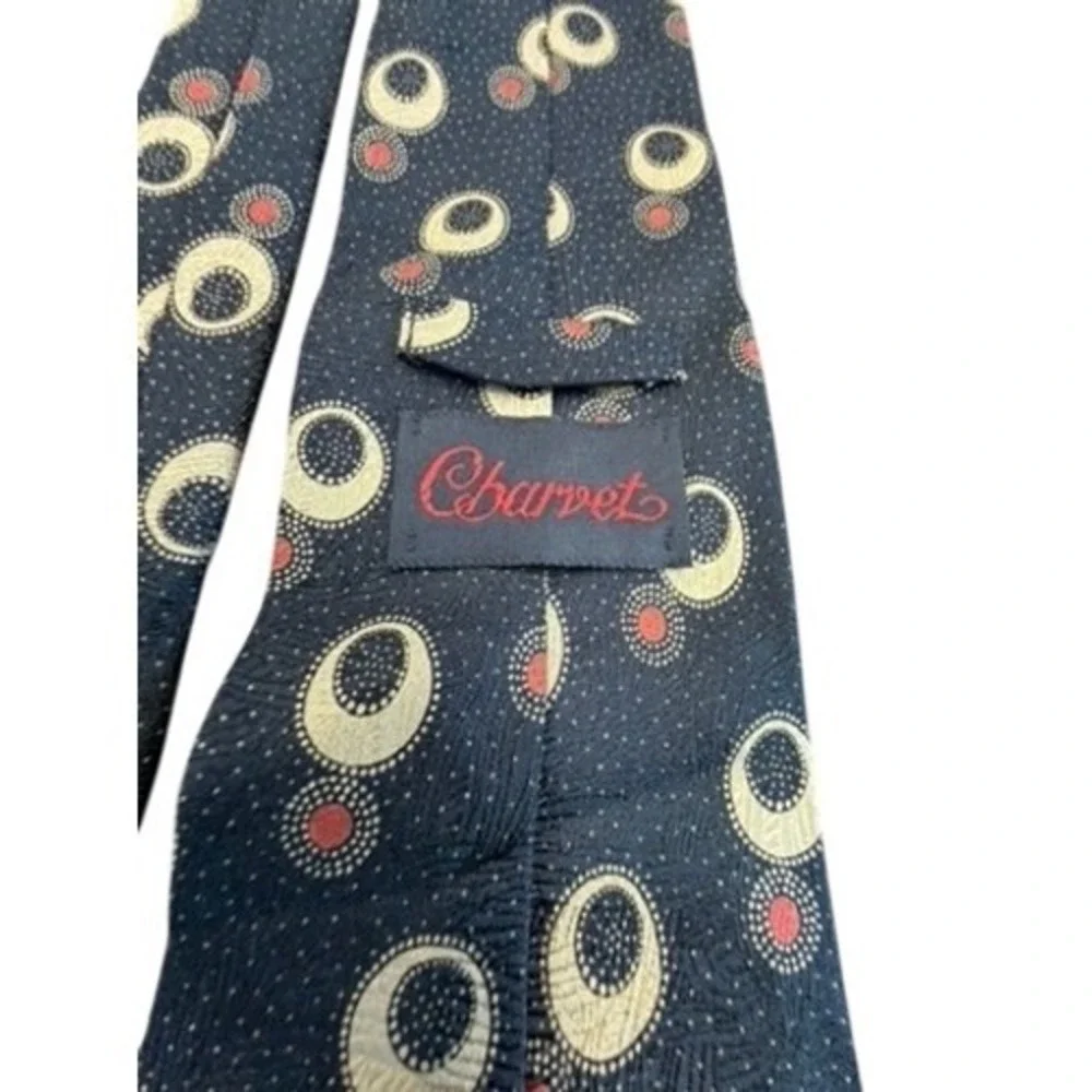 Charvet Paris Mens Silk Tie Navy Blue Geometric Crescent Moon Circles France